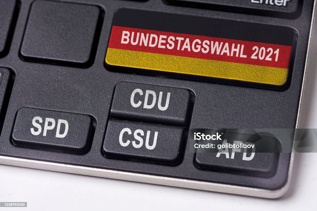 Bundestagswahl 2021. Germany Parliament Bundestag elections concept on keyboard Bundestagswahl 2021. Germany Parliament Bundestag elections concept on keyboard with most popular political parties - CDU, SPD, CSU and AFD 2021 Stock Photo