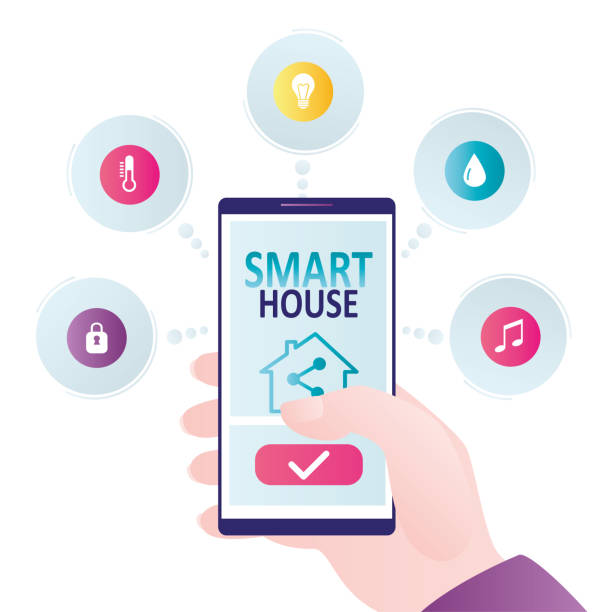istock Hand holds mobile phone with smart home control app. Control of light, temperature and other systems through smartphone 1338193029