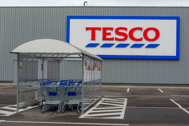 Tesco supermarket sign. A British multinational groceries retailer. stock photo