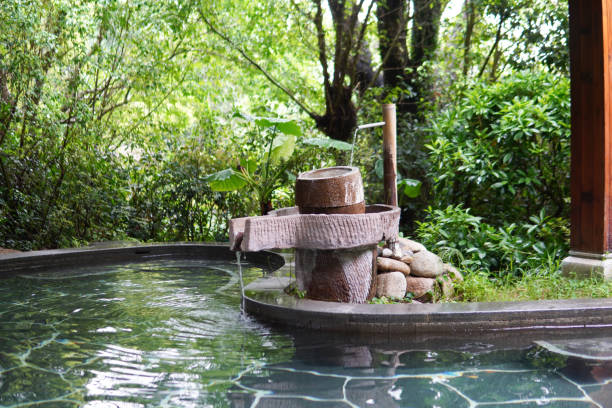 istock Hot spring pool with stone drainage equipment at the back yard 1338194526