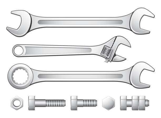 ilustrações, clipart, desenhos animados e ícones de chave inglesa, coleção de porcas e parafusos: fácil de editar - adjustable wrench wrench isolated spanner