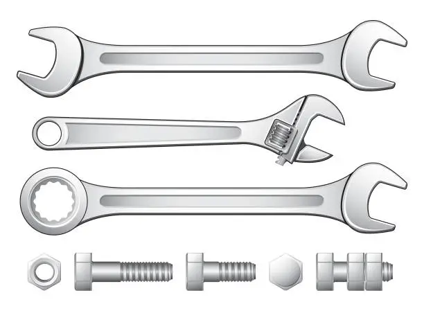 Vector illustration of Spanners wrench, nuts & bolt collection– easy to edit