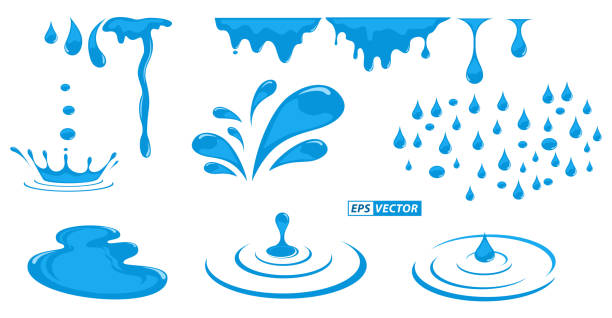 사실적인 액체 잔물결 또는 잔물결 빗방울 고립 또는 천연 물 스플래시 모세관 파의 세트. eps 벡터 - water drop liquid falling water stock illustrations