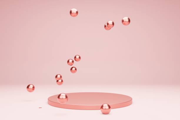 istock Podium for product presentation with metallic bubbles. 3d modeling scene in calm pastel colors. Blank showcase mockup with simple geometric 3d elements 1338197585