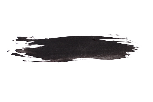 Trace of black paint from a brush on a white background, isolated. Graphic resource, substrate, blank for design, abstract space for text.