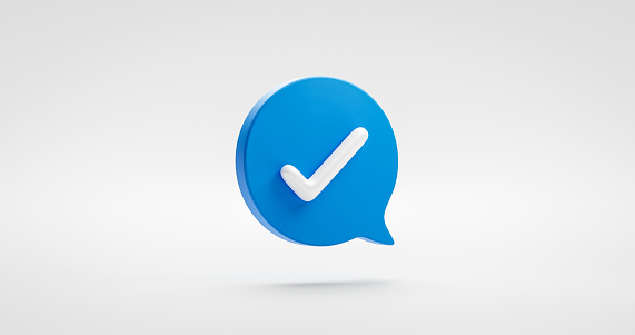 Símbolo de icono de marca de verificación azul sí o marcar ok botón correcto y signo de elección de ilustración aislado en fondo de marca de verificación blanco con concepto de diseño plano de lista de verificación de burbuja de voz aprobado. Rend photo
