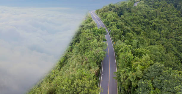 небесная дорога над вершиной гор с зелеными джунглями в провинции нан, таиланд - thailand forest outdoors winding road стоковые фото и изображения