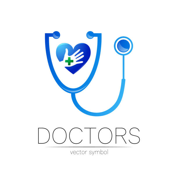 Stethoscope and heart with human hand with cross vector logotype in blue color. Medical symbol for doctor, clinic, hospital and diagnostic. Modern concept for logo or identity style. Sign of health. Stethoscope and heart with human hand with cross vector logotype in blue color. Medical symbol for doctor, clinic, hospital and diagnostic. Modern concept for logo or identity style. Sign of health dr logo stock illustrations