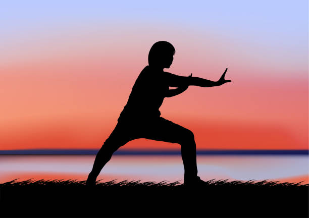 illustrations, cliparts, dessins animés et icônes de image graphique dessin tai chi avec vue du paysage à l’extérieur au réservoir et silhouette crépusculaire du coucher du soleil concept exercice pour la santé - tai chi