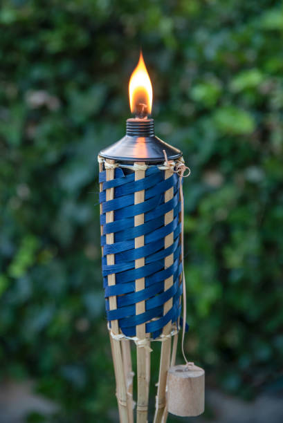 istock Close up of lit Tiki torch before a backyard party. 1338205276