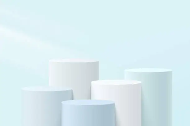 Vector illustration of Abstract white, gray and blue 3D steps cylinder pedestal or stand podium with pastel blue wall scene for cosmetic product display presentation. Vector geometric rendering platform design. Vector EPS10