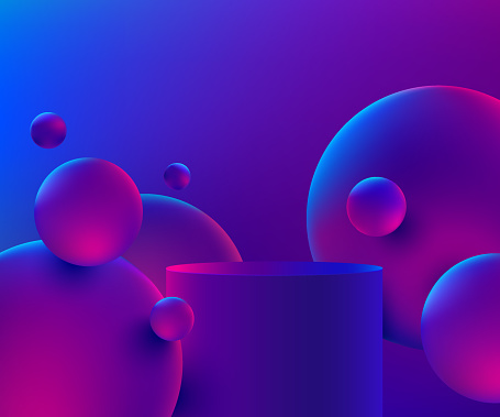 Abstract dark blue and pink 3D cylinder pedestal podium with bubbles flying on air. Futuristic scene for product display presentation, Promotion case. Vector rendering geometric  platform design.