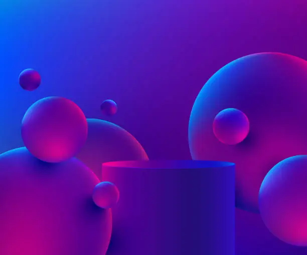 Vector illustration of Abstract dark blue and pink 3D cylinder pedestal podium with bubbles flying on air. Futuristic scene for product display presentation, Promotion case. Vector rendering geometric  platform design.