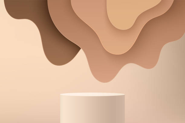 istock Abstract beige 3D cylinder pedestal or stand podium with brown wavy layers backdrop. Light brown minimal wall scene for cosmetic product display presentation. Vector geometric rendering platform. 1338207144