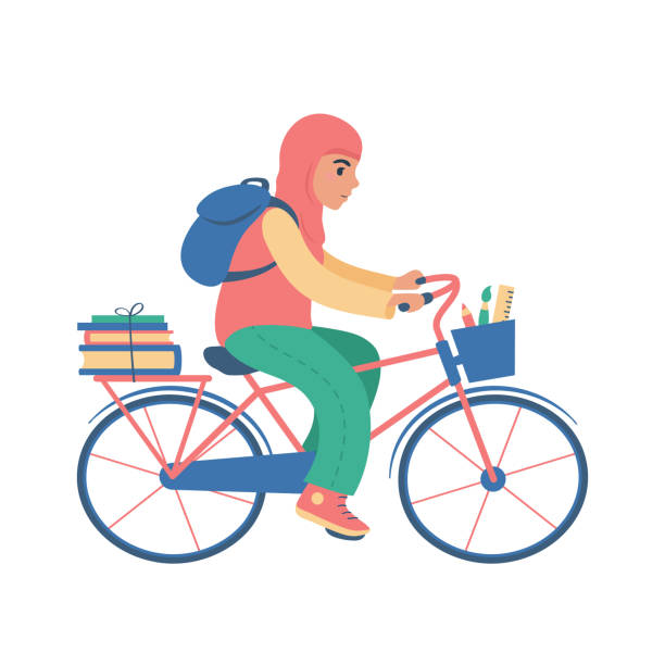 istock girl riding a bicycle to school. flat style illustration. 1338209395