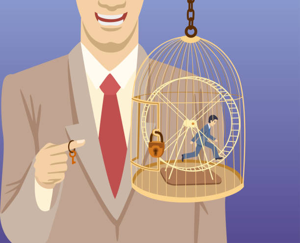 The cartoon depicts the relationship between the chief and an office worker. The boss locked his subordinate in a cage and made him work. rat race stock illustrations