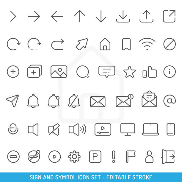 illustrations, cliparts, dessins animés et icônes de jeu d’icônes de signe et de symbole conception vectorielle de contour modifiable. - cursor arrow sign directional sign direction