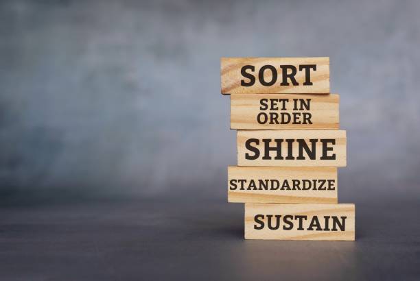 The 5s workplace organization method. The 5s workplace organization method. Stack of wooden tiles with text SORT, SET IN ORDER, SHINE, STANDARDIZE and SUSTAIN. Copy space for text continuous improvement loop stock pictures, royalty-free photos & images