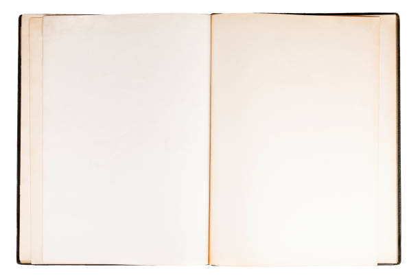 シンプルな単一の古いオープン空の空白のノートブック、スプレッドブックページトップビュー、テキストスペースオブジェクトは、白で分離され、切り取り、スペースをコピーします。古� - old isolated on white old fashioned book ストックフォトと画像