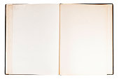 istock Simple single old open empty blank notebook, spread book pages top view, text space object isolated on white, cut out, copy space. Old antique stylish parchment design, view from above. Journal, diary 1338213282