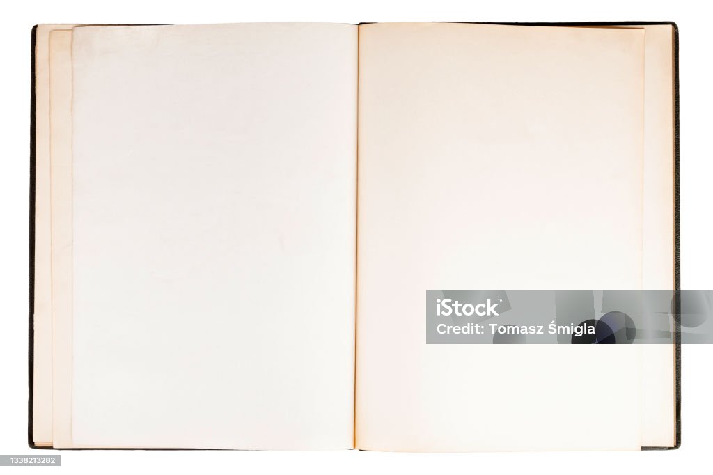 Simple single old open empty blank notebook, spread book pages top view, text space object isolated on white, cut out, copy space. Old antique stylish parchment design, view from above. Journal, diary Book Stock Photo