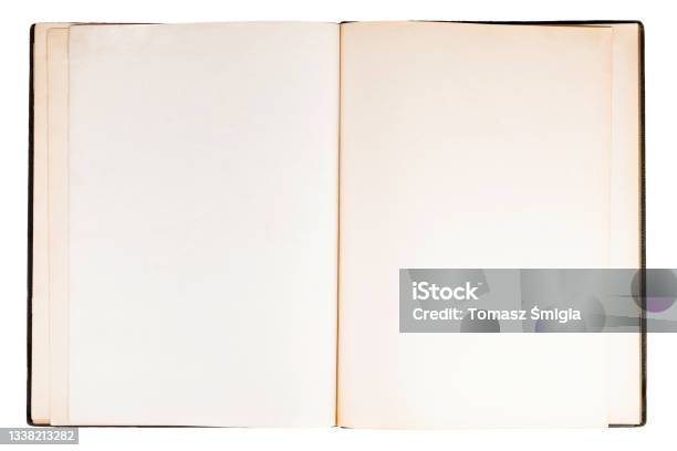 Simple Single Old Open Empty Blank Notebook Spread Book Pages Top View Text Space Object Isolated On White Cut Out Copy Space Old Antique Stylish Parchment Design View From Above Journal Diary Stock Photo - Download Image Now