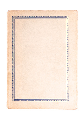 Classic antique book cover empty inside, blank old retro book frame, dated design. Elegant geometric border, worn out stylish vintage paper, object isolated on white, cut out, simple mockup, top view