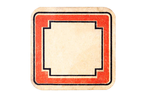 Vintage small blank empty square label, old retro style worn sticker, dated paper elegant name tag with red border frame, isolated on white, cut out. Text box surface, copy space inside, simple sign