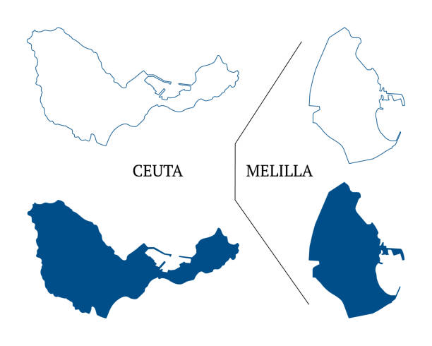 Ceuta and Melilla map vector, autonomous cities of Spain.  High detailed vector outline and blue silhouette of Ceuta and Melilla. All isolated on white background. Vector illustration Ceuta and Melilla map vector, autonomous cities of Spain.  High detailed vector outline and blue silhouette of Ceuta and Melilla. All isolated on white background. Template for website, design, cover, infographics. Vector illustration ceuta map stock illustrations