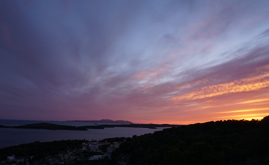 Beautiful sunset above the island of Hvar, Croatia 2020