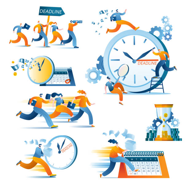 ilustraciones, imágenes clip art, dibujos animados e iconos de stock de un conjunto de ilustraciones vectoriales sobre el tema de la gestión del tiempo y la estimación del tiempo de trabajo. - deadline urgency calendar women