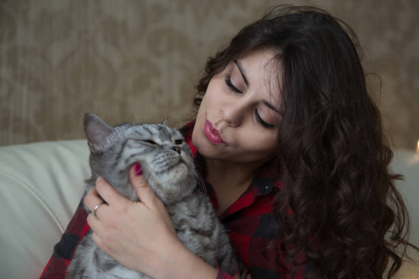 istock Dark-haired young woman with a big gray cat 1338218043