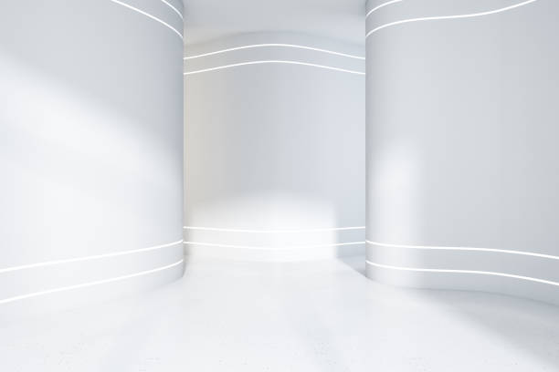istock Contemporary white concrete classic gallery interior with empty walls and sunlight. Mock up, 3D Rendering. 1338218099