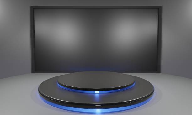istock black stand and lcd screen background in the news studio room.3d rendering. 1338219310