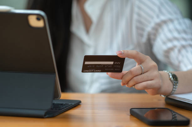 istock Close up of female hands making online payment 1338219401