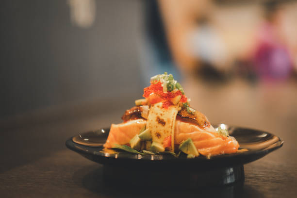 istock Burned salmon sushi. Japanese food menu, selective focus 1338222869