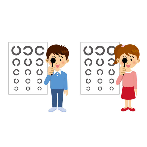 physical measurement Boys and girls undergoing a visual acuity test eye test equipment stock illustrations