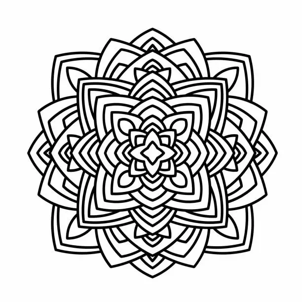 Vector illustration of Mandala Round for coloring book. Decorative round ornaments. Flower shape. Oriental vector, Anti-stress therapy. Weave design elements. Yoga logos Vector. Black icon isolated on white background.