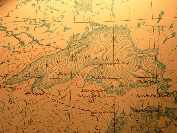 Antique map, Lake Superior Antique map 1916 government-copyright free. Rich paper texture and warm colors make this a nice background or decor print. Centered on Lake Superior, largest freshwater lake in the world. bayfield county stock pictures, royalty-free photos & images