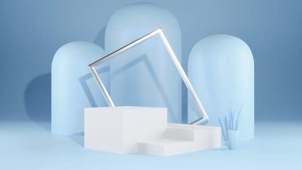 istock 3d geometric shape form rendering in minimal scene podium showcase, shop front, display mockup case and stage for cosmetic premium product presentation placement with empty blank space. 1338232269