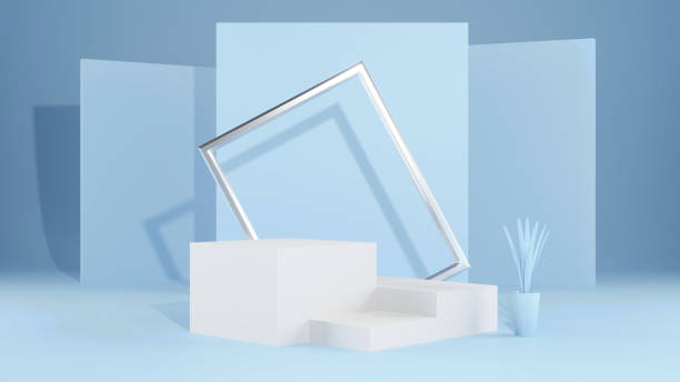 istock 3d geometric shape form rendering in minimal scene podium showcase, shop front, display mockup case and stage for cosmetic premium product presentation placement with empty blank space. 1338232271