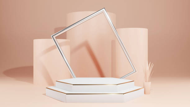 istock 3d geometric shape form rendering in minimal scene podium showcase, shop front, display mockup case and stage for cosmetic premium product presentation placement with empty blank space. 1338232279