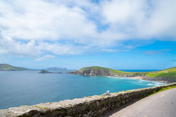 istock Bay xurrounded by road and rock wall and steep dramatic coastal rock cliffs with flat greaan fields to the edge along Wild Atlantic Way tourist route. 1338236685
