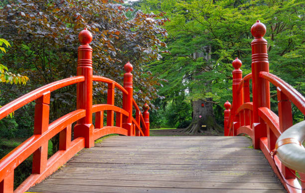 istock Small hump bridge with red railing Japanese style 1338236697
