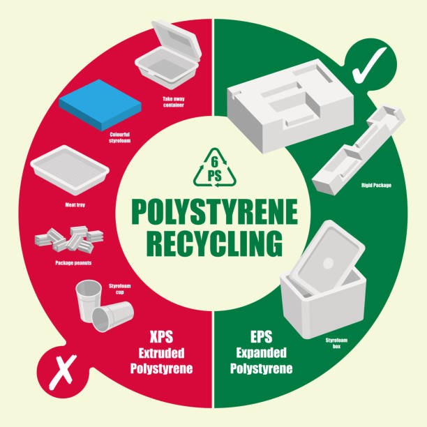 vektordiagramm von recycelbaren und nicht recycelbaren polystyrol-artikeln - polystyrol stock-grafiken, -clipart, -cartoons und -symbole