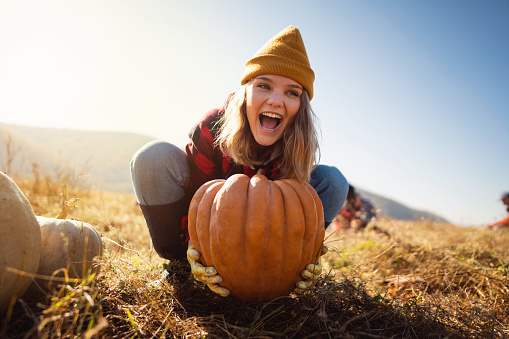 Cheerful Caucasian woman farmer harvesting pumpkins on the field on a beautiful sunny autumn day.