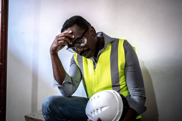 trabalhador da construção civil exausto em canteiro de obras - tired men african descent sadness - fotografias e filmes do acervo
