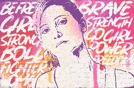 Vector illustration featuring a strong woman with attitude looking at the viewer, over handwriting empowering words. Street style illustration. Grunge vector illustration. Women's empowerment illustration. Layered illustration for easy editing.
Spray paint splatters background.
