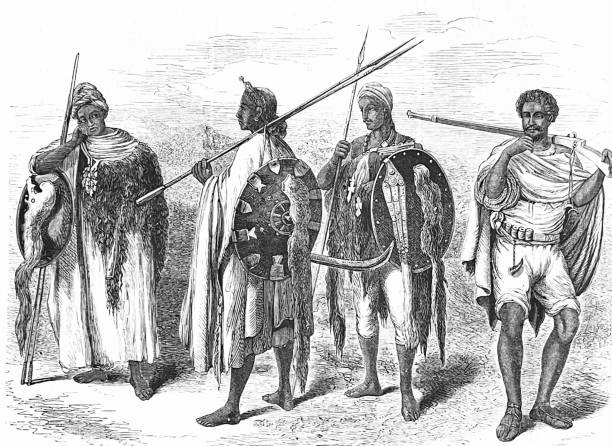 Four ethiopian warriors with lances and shields, full length, outdoor Illustration from 19th century. african warriors stock illustrations