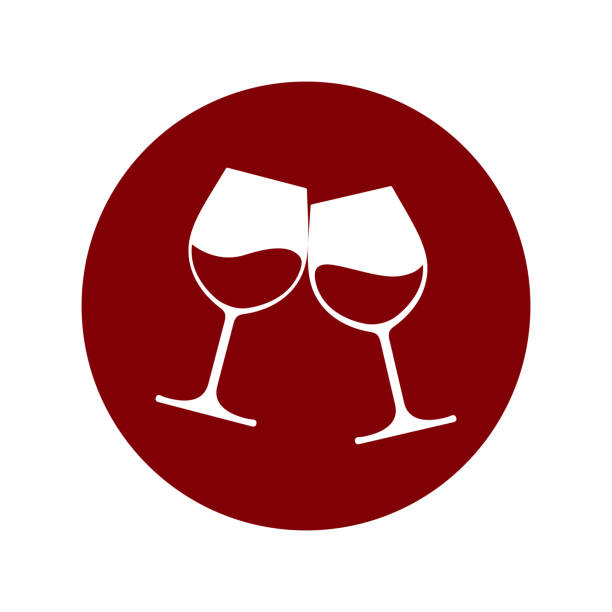 Red & white Clink glasses graphic icon. Cheers with two glasses with wine sign in the circle isolated on white background. Vector illustration wine and oenology graphic stock illustrations